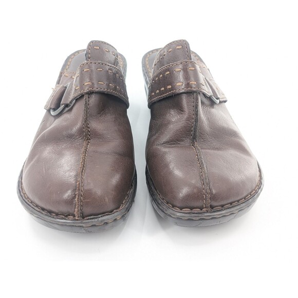 Born BOC Brown Leather Heeled Wedge Slip On Buckle Accent Mule Clog Shoes Size 9 - Picture 3 of 11